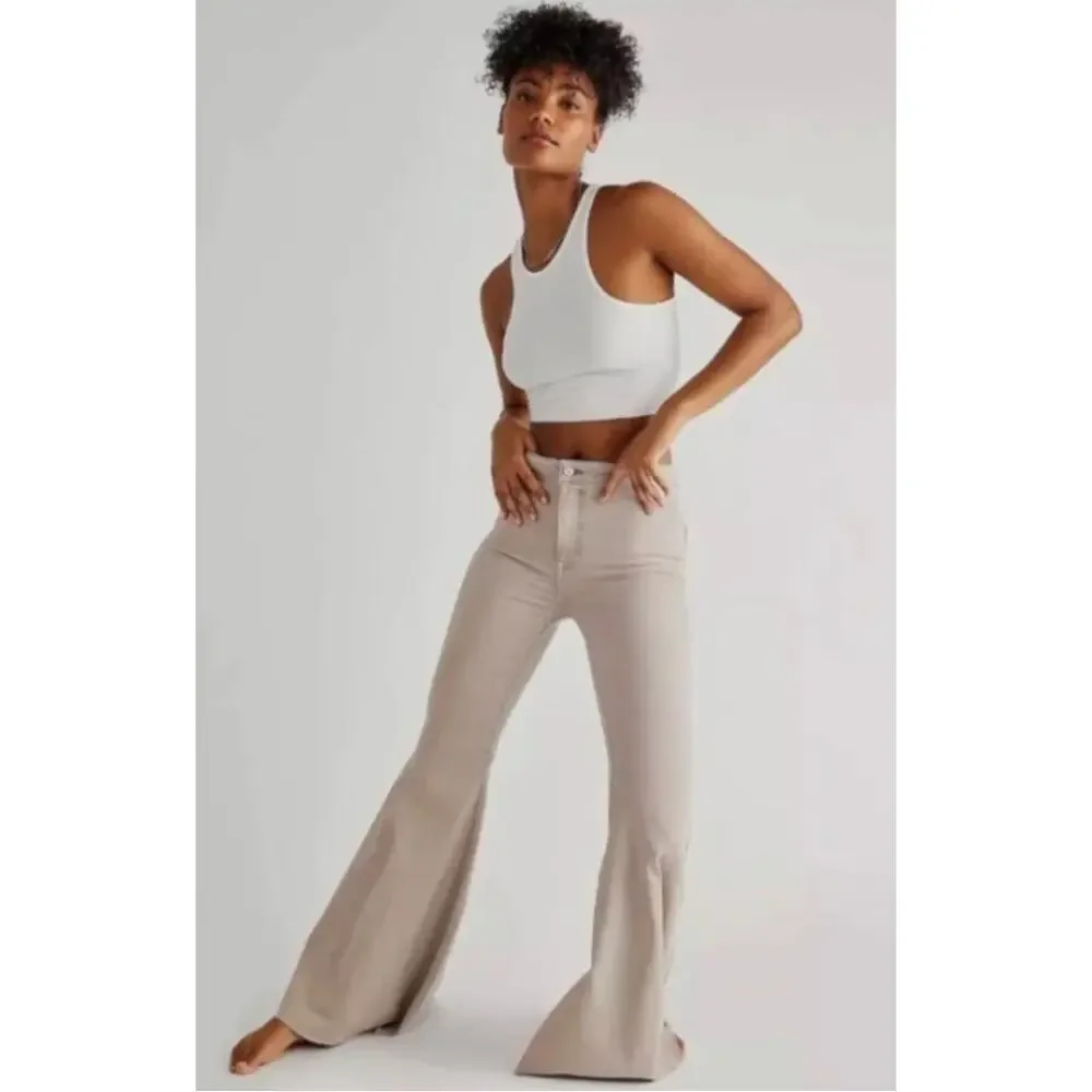 Free People Just Float On Flare Jeans 25R Beige Khaki Bell‎ Bottom Stretch